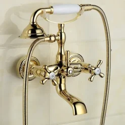 Bathtub Filler Cold/Hot Water Mixer Clawfoot Antique Copper Finish Wall Mount Tub Filler with Hand Held Shower Faucet 2 Cross Handles with Tub Spout Vintage Style