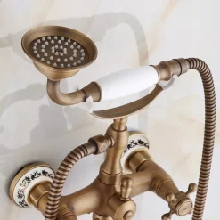 Bathtub Filler Cold/Hot Water Mixer Clawfoot Antique Copper Finish Wall Mount Tub Filler with Hand Held Shower Faucet 2 Cross Handles with Tub Spout Vintage Style