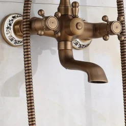 Bathtub Filler Cold/Hot Water Mixer Clawfoot Antique Copper Finish Wall Mount Tub Filler with Hand Held Shower Faucet 2 Cross Handles with Tub Spout Vintage Style