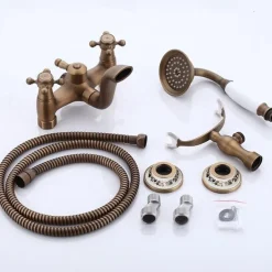 Bathtub Filler Cold/Hot Water Mixer Clawfoot Antique Copper Finish Wall Mount Tub Filler with Hand Held Shower Faucet 2 Cross Handles with Tub Spout Vintage Style
