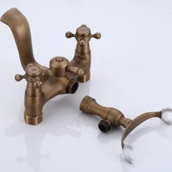 Bathtub Filler Cold/Hot Water Mixer Clawfoot Antique Copper Finish Wall Mount Tub Filler with Hand Held Shower Faucet 2 Cross Handles with Tub Spout Vintage Style