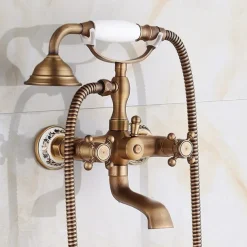 Bathtub Filler Cold/Hot Water Mixer Clawfoot Antique Copper Finish Wall Mount Tub Filler with Hand Held Shower Faucet 2 Cross Handles with Tub Spout Vintage Style
