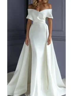 Beach Formal Wedding Dresses Mermaid Sweetheart Off Shoulder Sleeveless Sweep / Brush Train Satin Bridal Gowns With Solid Color