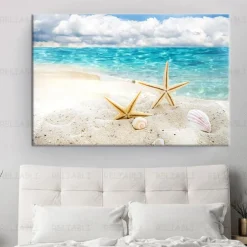 Beach Seascape Wall Art Canvas Painting Shell Sea Wall Art Starfish Seashells Wall Pictures Poster for Living Room Bedroom Office Decor No Frame