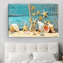 Beach Seascape Wall Art Canvas Painting Shell Sea Wall Art Starfish Seashells Wall Pictures Poster for Living Room Bedroom Office Decor No Frame