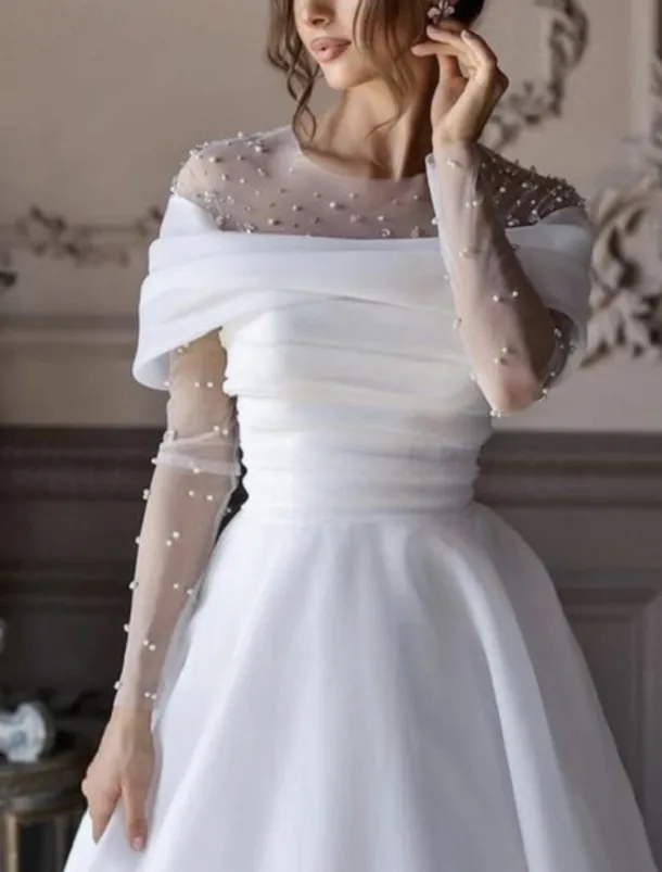 Beach Simple Wedding Dresses Formal Wedding Dresses A-Line Illusion Neck Long Sleeve Floor Length Tulle Bridal Gowns With Ruched Beading