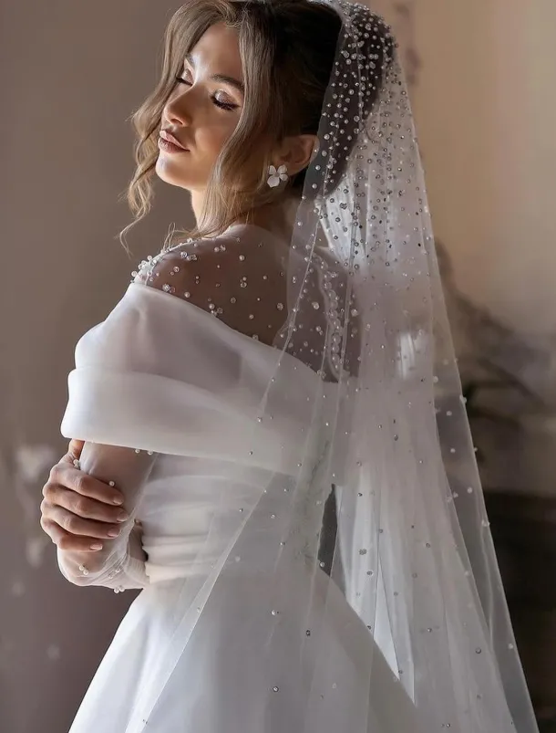 Beach Simple Wedding Dresses Formal Wedding Dresses A-Line Illusion Neck Long Sleeve Floor Length Tulle Bridal Gowns With Ruched Beading