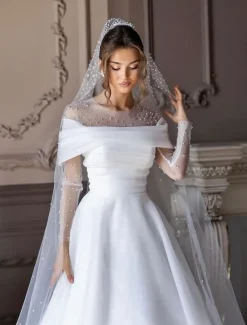 Beach Simple Wedding Dresses Formal Wedding Dresses A-Line Illusion Neck Long Sleeve Floor Length Tulle Bridal Gowns With Ruched Beading
