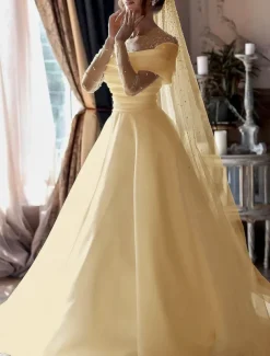 Beach Simple Wedding Dresses Formal Wedding Dresses A-Line Illusion Neck Long Sleeve Floor Length Tulle Bridal Gowns With Ruched Beading