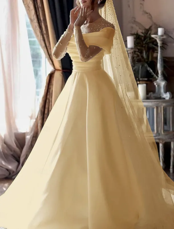 Beach Simple Wedding Dresses Formal Wedding Dresses A-Line Illusion Neck Long Sleeve Floor Length Tulle Bridal Gowns With Ruched Beading