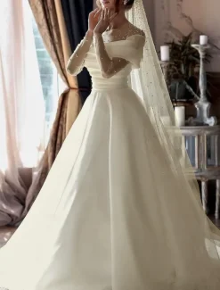 Beach Simple Wedding Dresses Formal Wedding Dresses A-Line Illusion Neck Long Sleeve Floor Length Tulle Bridal Gowns With Ruched Beading