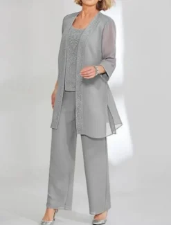 Beach Wedding 3 Piece Mother of the Bride Wedding Guest Elegant Simple Scoop Neck Ankle Length Chiffon Lace Long Sleeve with Solid Color free custom size