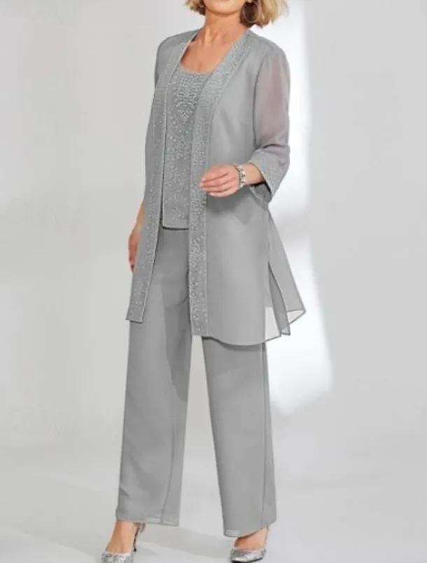 Beach Wedding 3 Piece Mother of the Bride Wedding Guest Elegant Simple Scoop Neck Ankle Length Chiffon Lace Long Sleeve with Solid Color free custom size