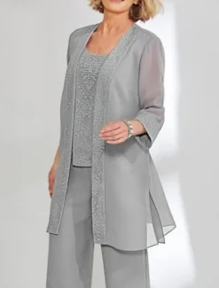 Beach Wedding 3 Piece Mother of the Bride Wedding Guest Elegant Simple Scoop Neck Ankle Length Chiffon Lace Long Sleeve with Solid Color free custom size