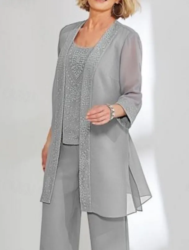 Beach Wedding 3 Piece Mother of the Bride Wedding Guest Elegant Simple Scoop Neck Ankle Length Chiffon Lace Long Sleeve with Solid Color free custom size