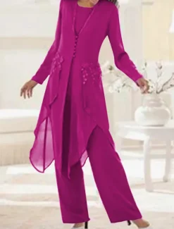 Beach Wedding 3 Piece Mother of the Bride Wedding Guest Elegant Vintage Scoop Neck Ankle Length Chiffon Lace Long Sleeve with Appliques