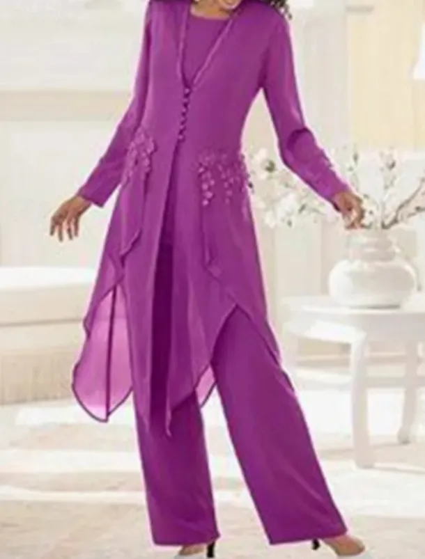 Beach Wedding 3 Piece Mother of the Bride Wedding Guest Elegant Vintage Scoop Neck Ankle Length Chiffon Lace Long Sleeve with Appliques