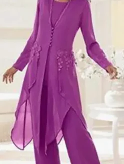 Beach Wedding 3 Piece Mother of the Bride Wedding Guest Elegant Vintage Scoop Neck Ankle Length Chiffon Lace Long Sleeve with Appliques