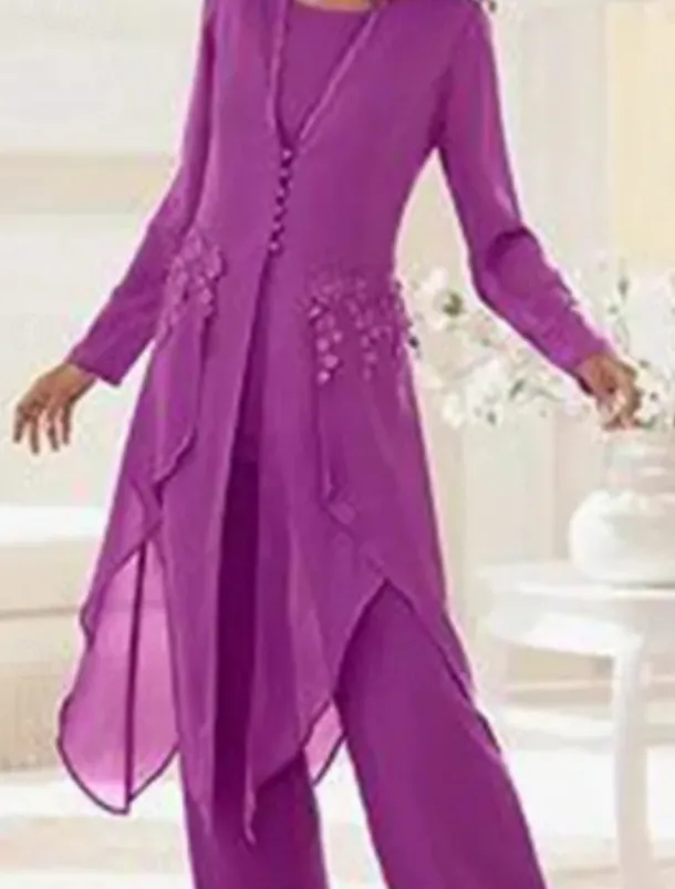 Beach Wedding 3 Piece Mother of the Bride Wedding Guest Elegant Vintage Scoop Neck Ankle Length Chiffon Lace Long Sleeve with Appliques