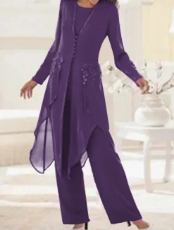 Beach Wedding 3 Piece Mother of the Bride Wedding Guest Elegant Vintage Scoop Neck Ankle Length Chiffon Lace Long Sleeve with Appliques