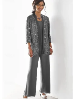 Beach Wedding 3 Piece Mother of the Bride Wedding Guest Party Sparkle & Shine Scoop Neck Ankle Length Chiffon Lace 3/4 Length Sleeve with Sequin Solid Color