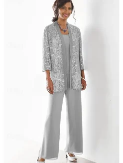 Beach Wedding 3 Piece Mother of the Bride Wedding Guest Party Sparkle & Shine Scoop Neck Ankle Length Chiffon Lace 3/4 Length Sleeve with Sequin Solid Color