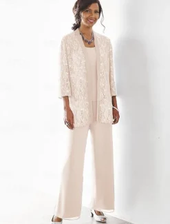 Beach Wedding 3 Piece Mother of the Bride Wedding Guest Party Sparkle & Shine Scoop Neck Ankle Length Chiffon Lace 3/4 Length Sleeve with Sequin Solid Color