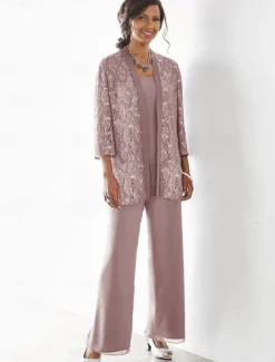 Beach Wedding 3 Piece Mother of the Bride Wedding Guest Party Sparkle & Shine Scoop Neck Ankle Length Chiffon Lace 3/4 Length Sleeve with Sequin Solid Color