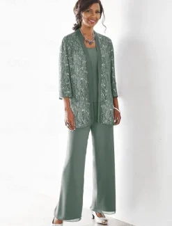 Beach Wedding 3 Piece Mother of the Bride Wedding Guest Party Sparkle & Shine Scoop Neck Ankle Length Chiffon Lace 3/4 Length Sleeve with Sequin Solid Color