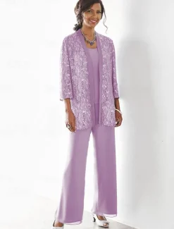 Beach Wedding 3 Piece Mother of the Bride Wedding Guest Party Sparkle & Shine Scoop Neck Ankle Length Chiffon Lace 3/4 Length Sleeve with Sequin Solid Color