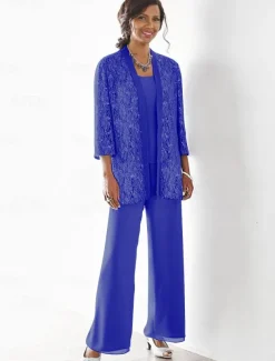 Beach Wedding 3 Piece Mother of the Bride Wedding Guest Party Sparkle & Shine Scoop Neck Ankle Length Chiffon Lace 3/4 Length Sleeve with Sequin Solid Color