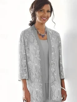 Beach Wedding 3 Piece Mother of the Bride Wedding Guest Party Sparkle & Shine Scoop Neck Ankle Length Chiffon Lace 3/4 Length Sleeve with Sequin Solid Color