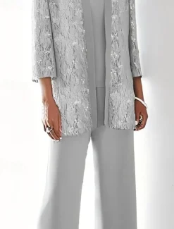 Beach Wedding 3 Piece Mother of the Bride Wedding Guest Party Sparkle & Shine Scoop Neck Ankle Length Chiffon Lace 3/4 Length Sleeve with Sequin Solid Color