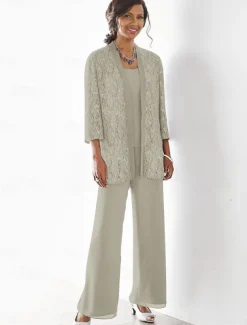 Beach Wedding 3 Piece Mother of the Bride Wedding Guest Party Sparkle & Shine Scoop Neck Ankle Length Chiffon Lace 3/4 Length Sleeve with Sequin Solid Color