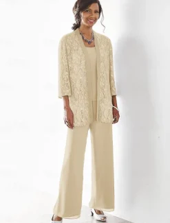 Beach Wedding 3 Piece Mother of the Bride Wedding Guest Party Sparkle & Shine Scoop Neck Ankle Length Chiffon Lace 3/4 Length Sleeve with Sequin Solid Color