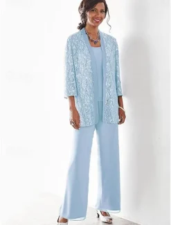 Beach Wedding 3 Piece Mother of the Bride Wedding Guest Party Sparkle & Shine Scoop Neck Ankle Length Chiffon Lace 3/4 Length Sleeve with Sequin Solid Color