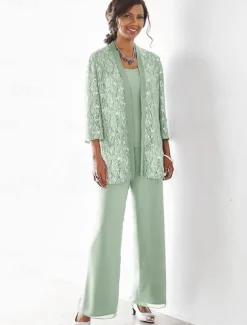 Beach Wedding 3 Piece Mother of the Bride Wedding Guest Party Sparkle & Shine Scoop Neck Ankle Length Chiffon Lace 3/4 Length Sleeve with Sequin Solid Color