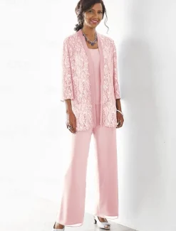 Beach Wedding 3 Piece Mother of the Bride Wedding Guest Party Sparkle & Shine Scoop Neck Ankle Length Chiffon Lace 3/4 Length Sleeve with Sequin Solid Color