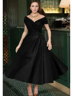 Beach Wedding A-Line Cocktail Dresses Elegant Dress Wedding Guest Summer Ankle Length Sleeveless Off Shoulder Fall Wedding Guest Satin with Ruched Dresses