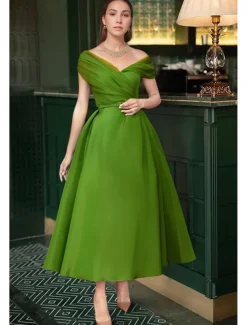 Beach Wedding A-Line Cocktail Dresses Elegant Dress Wedding Guest Summer Ankle Length Sleeveless Off Shoulder Fall Wedding Guest Satin with Ruched Dresses