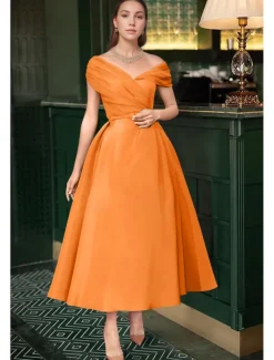 Beach Wedding A-Line Cocktail Dresses Elegant Dress Wedding Guest Summer Ankle Length Sleeveless Off Shoulder Fall Wedding Guest Satin with Ruched Dresses