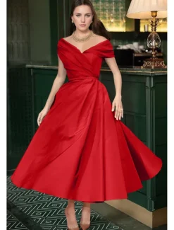 Beach Wedding A-Line Cocktail Dresses Elegant Dress Wedding Guest Summer Ankle Length Sleeveless Off Shoulder Fall Wedding Guest Satin with Ruched Dresses