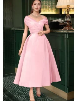 Beach Wedding A-Line Cocktail Dresses Elegant Dress Wedding Guest Summer Ankle Length Sleeveless Off Shoulder Fall Wedding Guest Satin with Ruched Dresses