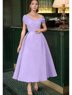 Beach Wedding A-Line Cocktail Dresses Elegant Dress Wedding Guest Summer Ankle Length Sleeveless Off Shoulder Fall Wedding Guest Satin with Ruched Dresses