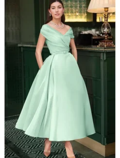 Beach Wedding A-Line Cocktail Dresses Elegant Dress Wedding Guest Summer Ankle Length Sleeveless Off Shoulder Fall Wedding Guest Satin with Ruched Dresses