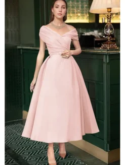 Beach Wedding A-Line Cocktail Dresses Elegant Dress Wedding Guest Summer Ankle Length Sleeveless Off Shoulder Fall Wedding Guest Satin with Ruched Dresses