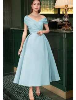 Beach Wedding A-Line Cocktail Dresses Elegant Dress Wedding Guest Summer Ankle Length Sleeveless Off Shoulder Fall Wedding Guest Satin with Ruched Dresses