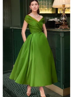 Beach Wedding A-Line Cocktail Dresses Elegant Dress Wedding Guest Summer Ankle Length Sleeveless Off Shoulder Fall Wedding Guest Satin with Ruched Dresses