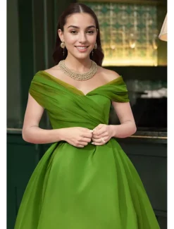 Beach Wedding A-Line Cocktail Dresses Elegant Dress Wedding Guest Summer Ankle Length Sleeveless Off Shoulder Fall Wedding Guest Satin with Ruched Dresses