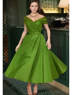 Beach Wedding A-Line Cocktail Dresses Elegant Dress Wedding Guest Summer Ankle Length Sleeveless Off Shoulder Fall Wedding Guest Satin with Ruched Dresses